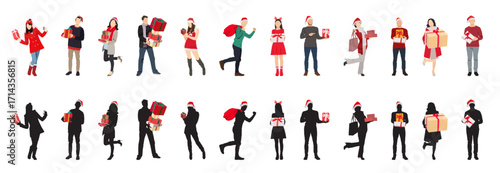 Set of young characters with gifts and preparing to celebrate holidays. Happy people with Santa's presents and hats isolated on white background. Vector flat illustration.