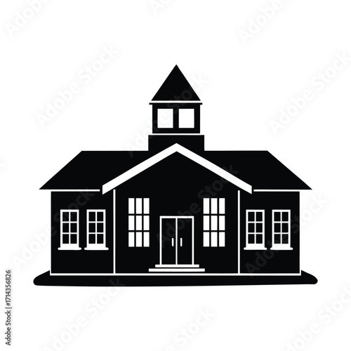 A silhouette illustration of a building with a steeple and multiple windows, representing a school or public institution, rendered in a simple, modern graphic style