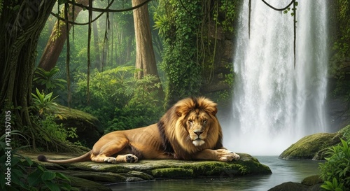 Lion resting near a waterfall, jungle background