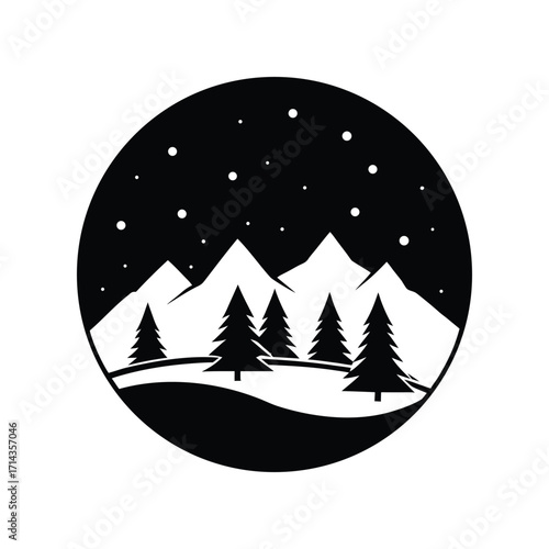 Minimalist vector illustration of a mountain range with a pine forest under a starry night sky, presented in a round emblem