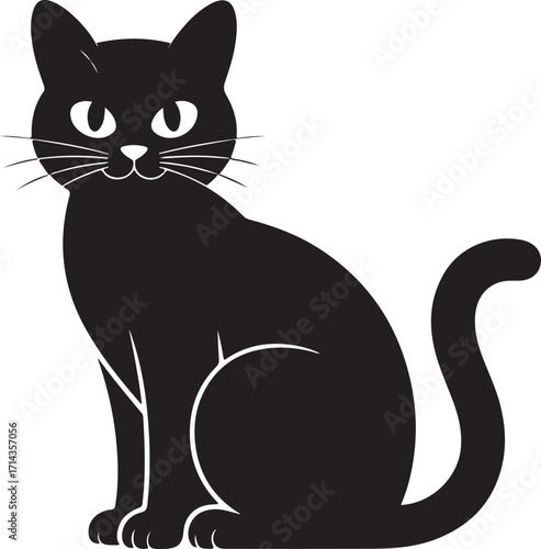  black silhouette of a cat sitting with tail curled on white background, vector