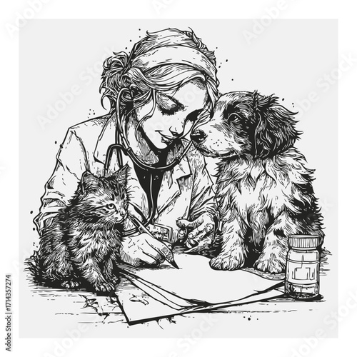 Hand-Drawn Engraving of Veterinarian with Pets in Black and White Style