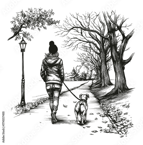 Elegant Hand-Drawn Engraving of Woman Walking Dog Through Leafy Path