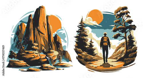 Scenic Split Landscape with Hiker Enjoying Nature and Mountains