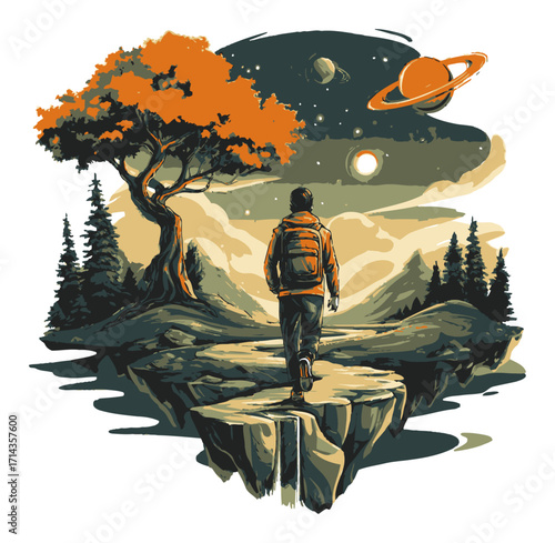 Adventurer Standing on Cliff Overlooking Majestic Mountain Landscape at Sunset