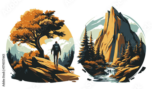 Woman Farmer with Tractor in Urban and Natural Landscape Illustration