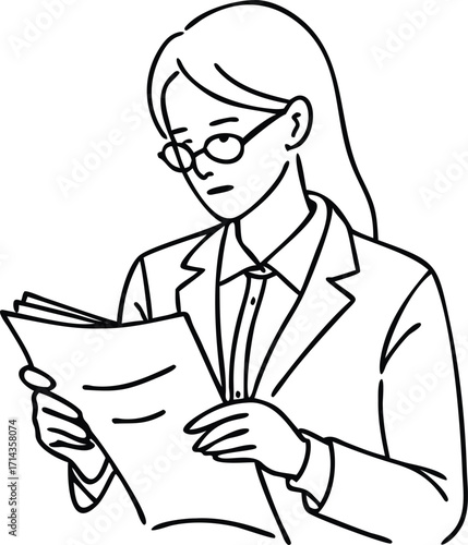Professional woman wearing glasses reading documents businesswoman focused on paperwork business attire confident professionalism vector