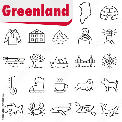Symbols of Greenland. Icons reflecting the culture and nature of the Arctic region.