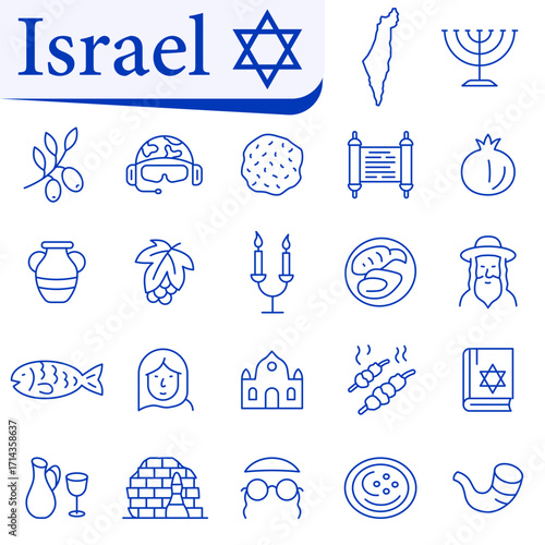 Israel religious symbols, culture, and traditions in icons. Icons depicting symbols of Israel.