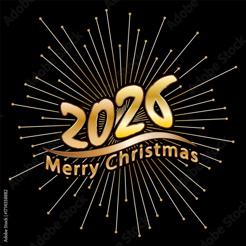 2026. Merry Christmas. Stylized gold illustration for postcards, greetings and creative design