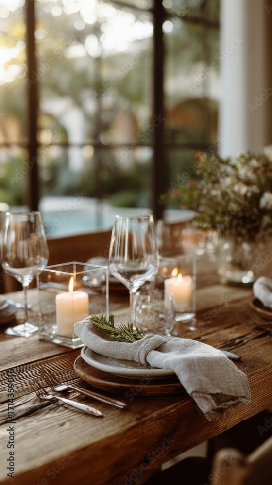 Fototapeta premium A rustic wooden table is set for a holiday dinner. Clear acrylic candle holders and wine glasses adorn the table with plates and linen napkins. A festive gathering is implied
