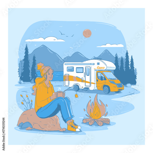 Relaxing Woman Enjoys Campfire Near Camper Van in Scenic Outdoor Setting
