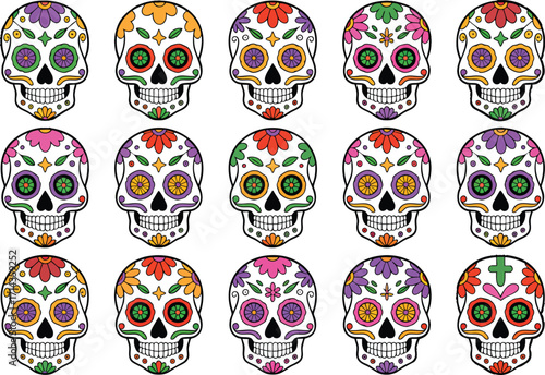 Mexican skulls colorful heads set. Mexican skulls set. Vector illustration. Dia de los muertos shugar colorful heads. 15 colorful heads. 2026