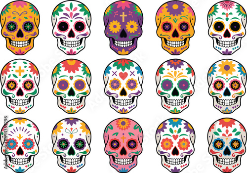 Mexican skulls colorful heads set. Mexican skulls set. Vector illustration. Dia de los muertos shugar colorful heads. 15 colorful heads.