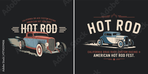 Vintage hot rod car illustration with retro typography for t shirt design, American custom racing festival graphic art