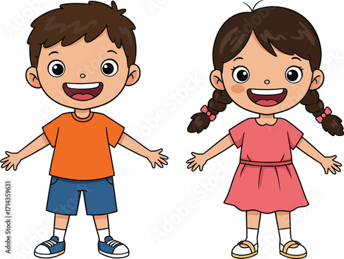 Happy cartoon children, smiling boy and girl, colorful kids illustration, cheerful pose, playful outfit, educational design, isolated white background, vector art
