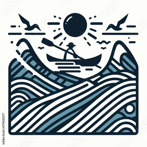 Person in Canoe on Wavy Sea with Birds and Sun Illustration.