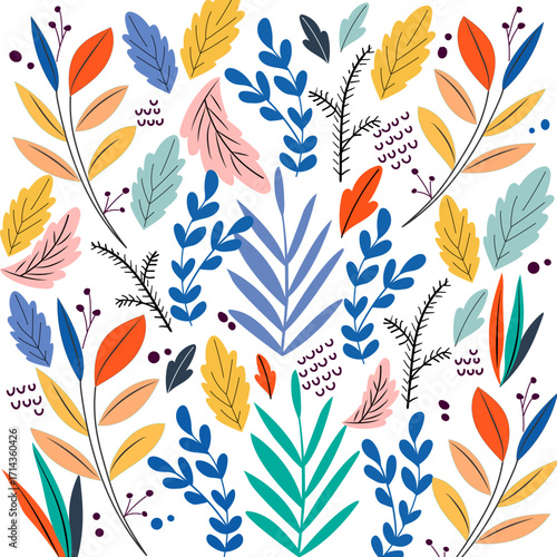 Autumn seamless fabric pattern with different leaves and plants, seasonal colors