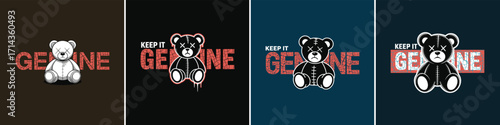 Keep it genuine teddy bear illustration with stitched vintage style, urban streetwear slogan graphic for t shirt design