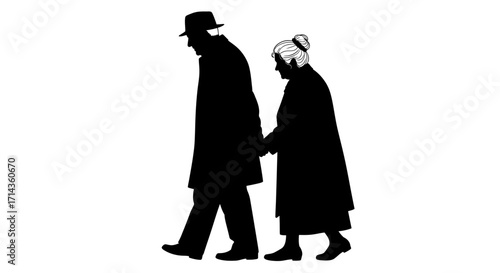 Sweet elderly couple walking together hand in hand silhouette