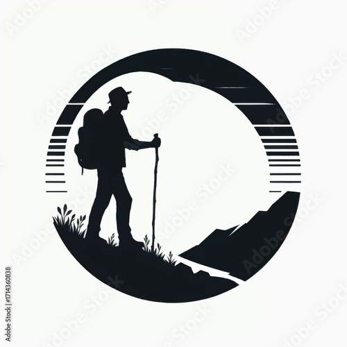 Silhouette of a Hiker Climbing a Mountain in a Circular Frame.