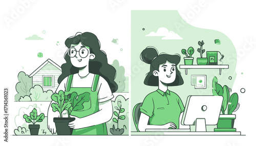 Green Cartoon Illustration of Woman Gardening and Working at Home Office