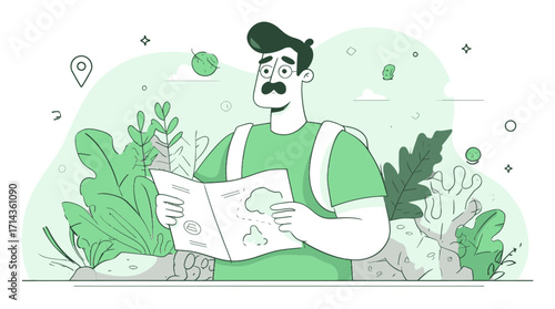 Cartoon Illustration of a Person Studying a Map in Nature