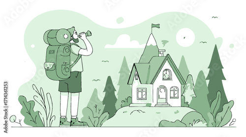Adventurous Explorer with Backpack in Nature Cartoon Illustration