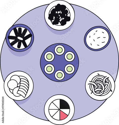 Circular Arrangement Of Food Dishes With Various Items In A Flat Style Keywords: food arrangement