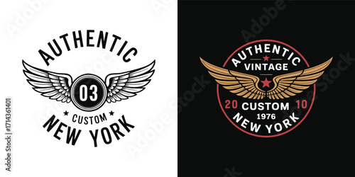 Vintage New York winged emblem badge with star and typography, retro authentic custom insignia for apparel, motorcycle club, t shirt design