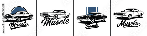Classic muscle car illustration set with vintage retro style typography, powerful American automobile silhouette graphic for t shirt design