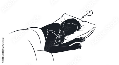 Silhouette of Person Sleeping in Bed with Pillow and Blanket