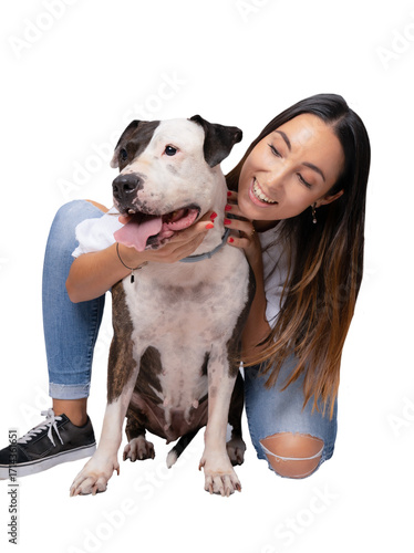 Young happy woman with her dog isolated on transparent background