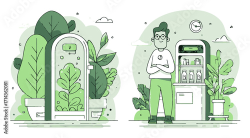 Green Cartoon Illustration of Man with Fridge Surrounded by Plants