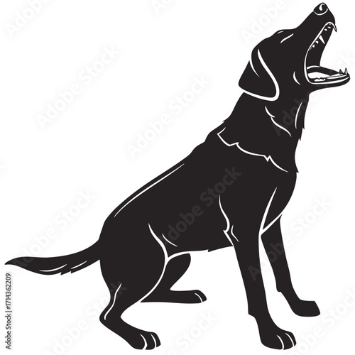 realistic barking dog silhouette, black fill, white background, open mouth visible