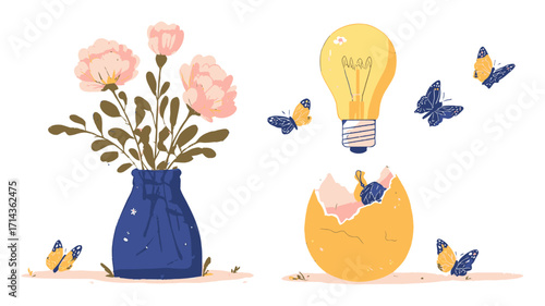 Colorful Floral Arrangement and Light Bulb with Butterflies in Vector Design