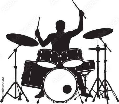  Black silhouette of a drummer playing drums on a white background, vector clipart