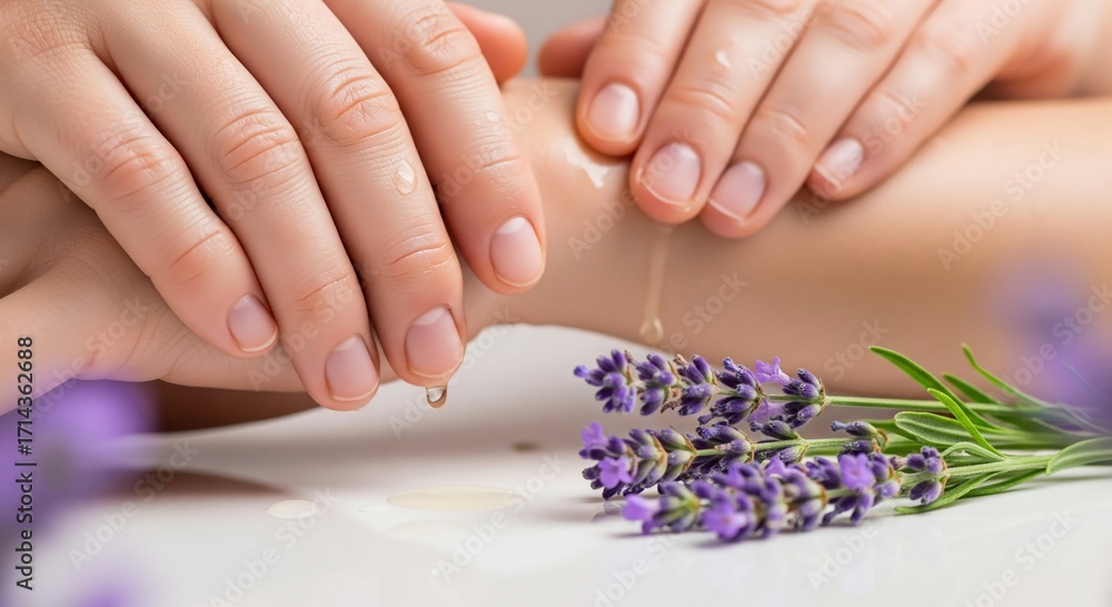 Fototapeta premium Gentle hands apply lavender essential oil to wrist with fresh sprig in soft spa light close-up, enhancing skin textures for aromatherapy self-care and ultimate relaxation therapy concepts.