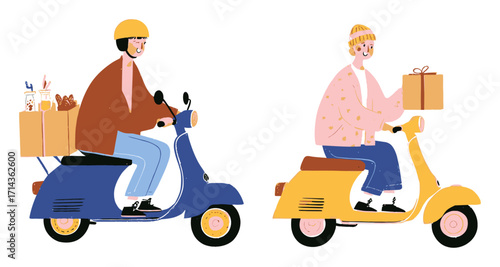 Fun and Colorful Vector Illustration of Two Scooter Riders with Delivery Items