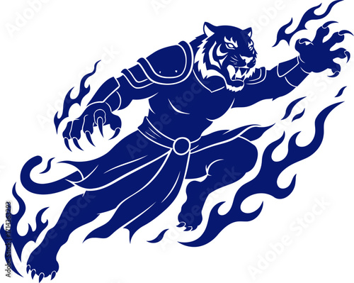 burning tiger warriors fiery ascent a navy blue silhouette of unstoppable power and primal rage, isolated on transparent background