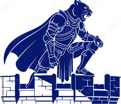 cobalt panther knights rooftop vigil a silhouette of silent guardian, protecting the realm, isolated on transparent background