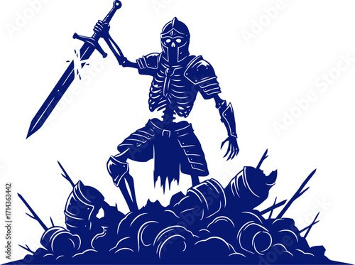 cobalt skeleton knights triumphant stand a silhouette of dark victory and broken foes, isolated on transparent background