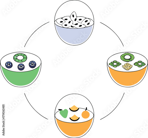 Four bowls of fruit and seeds arranged in a circular pattern Keywords: fruit, bowl, food, healthy