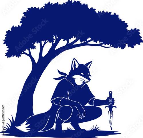 forest foxs silent vigil a blue silhouette of cunning and stealth, isolated on transparent background