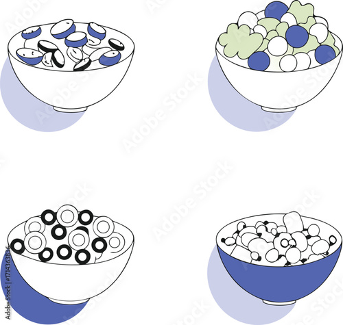 Four Bowls of Stylized Food Items With Blue and Purple Accents Keywords: food, bowl, illustration
