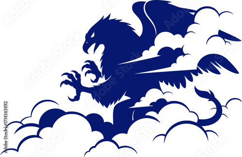 majestic gryphon silhouette emerging from clouds of mystery, isolated on transparent background