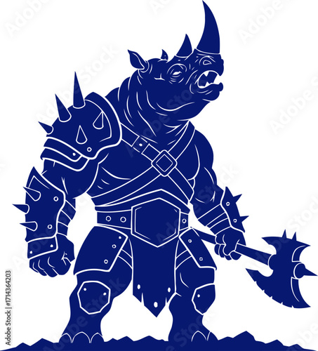 rhino colossus armored juggernaut, blue silhouette of unstoppable power, isolated on transparent background