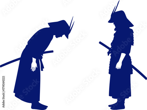 samurai respect a blue silhouette of ancient honor and martial grace, isolated on transparent background