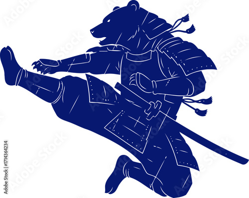 samurai bears mighty flying kick a navy silhouette of unstoppable power, isolated on transparent background
