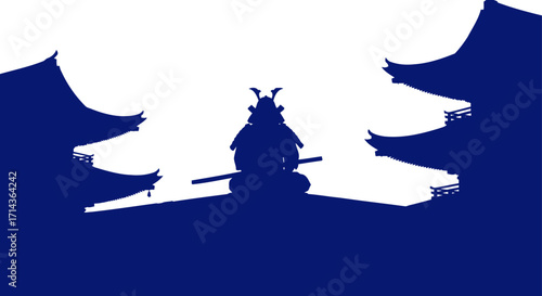 samurais silent watch a cobalt silhouette on temple rooftops, isolated on transparent background